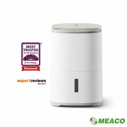 Front view of the sleek MeacoDry Arete One 10L Dehumidifier & Air Purifier in a neutral Warm Pebble finish sitting flush against a light grey wall.