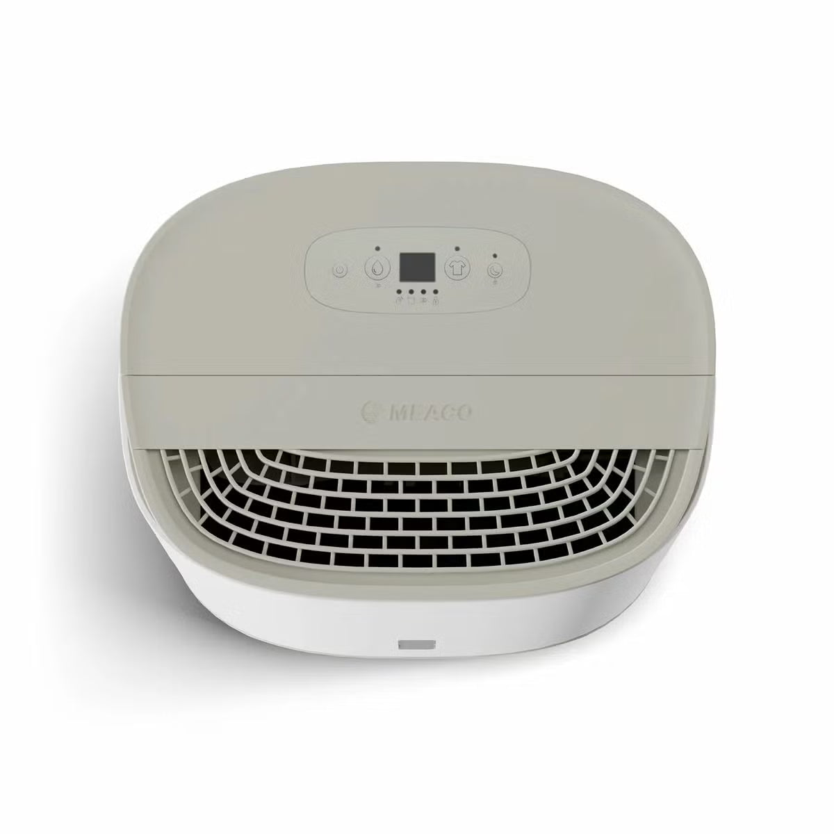 Front view of the sleek MeacoDry Arete One 10L Dehumidifier & Air Purifier in a neutral Warm Pebble finish sitting flush against a light grey wall.