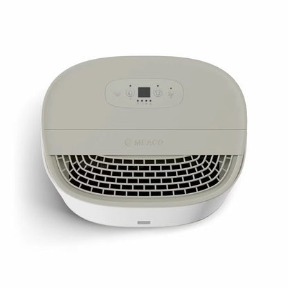 Front view of the sleek MeacoDry Arete One 10L Dehumidifier & Air Purifier in a neutral Warm Pebble finish sitting flush against a light grey wall.