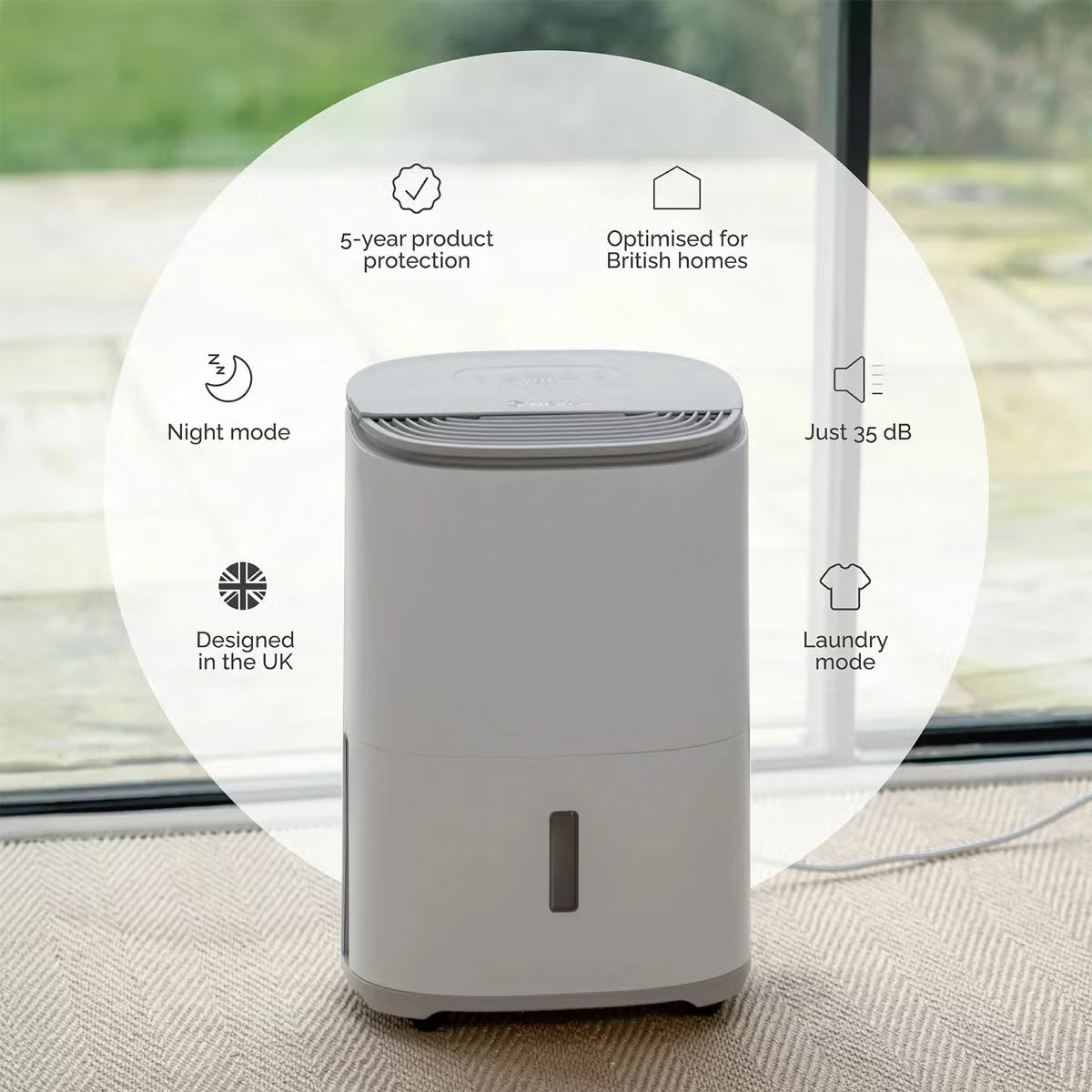 Front view of the sleek MeacoDry Arete One 10L Dehumidifier & Air Purifier in a neutral Warm Pebble finish sitting flush against a light grey wall.