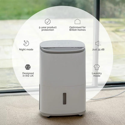 Front view of the sleek MeacoDry Arete One 10L Dehumidifier & Air Purifier in a neutral Warm Pebble finish sitting flush against a light grey wall.