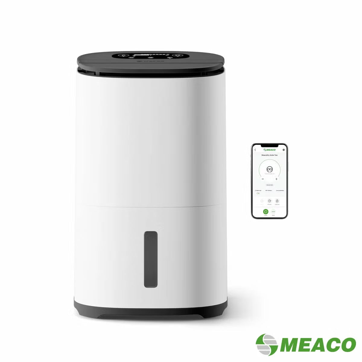MeacoDry Arete Two 25L Dehumidifier and Air Purifier in charcoal finish with digital LCD display standing on dark hardwood flooring in a spacious living room.