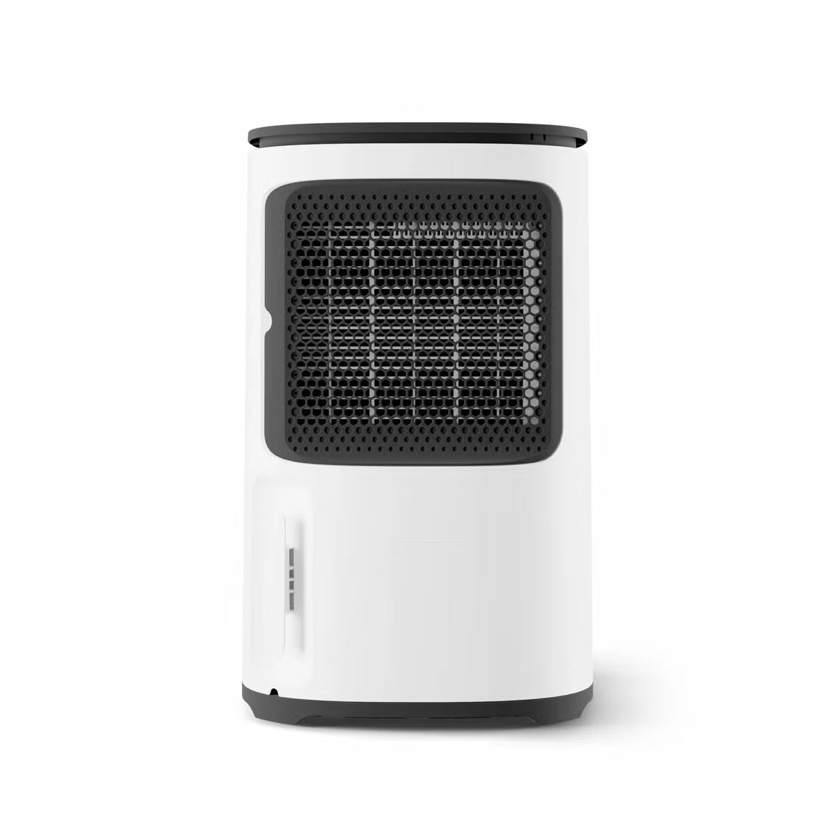 MeacoDry Arete Two 25L Dehumidifier and Air Purifier in charcoal finish with digital LCD display standing on dark hardwood flooring in a spacious living room.