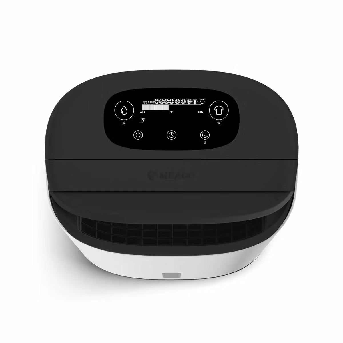 MeacoDry Arete Two 25L Dehumidifier and Air Purifier in charcoal finish with digital LCD display standing on dark hardwood flooring in a spacious living room.