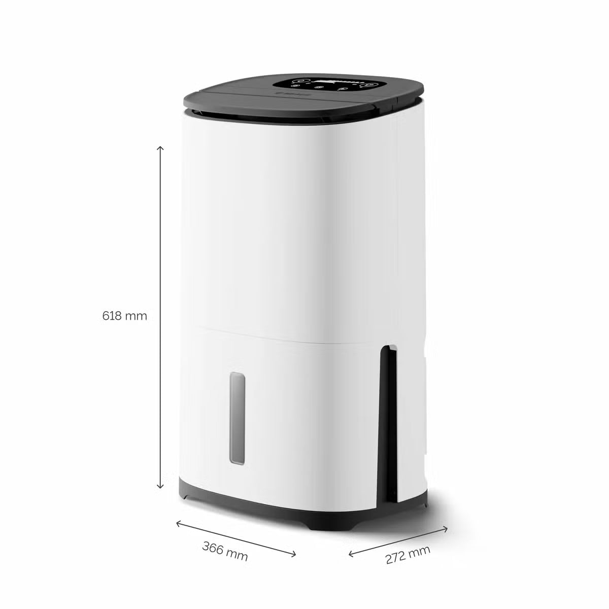 MeacoDry Arete Two 25L Dehumidifier and Air Purifier in charcoal finish with digital LCD display standing on dark hardwood flooring in a spacious living room.