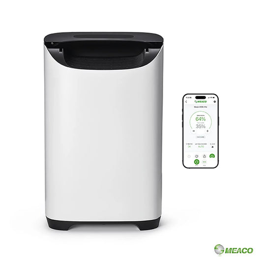 Front angle view of the white Meaco DD8L Pro Desiccant Dehumidifier with its louver open standing on a polished floor.