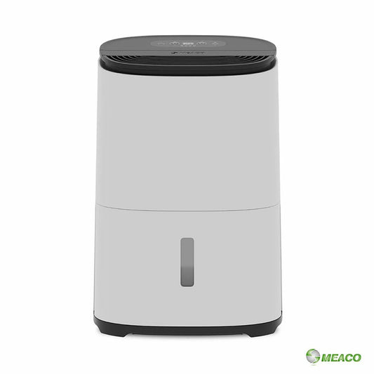 Front angle view of the white Meaco Dry Arete One 10L Dehumidifier and Air Purifier standing on a light wood floor in a contemporary room setting.