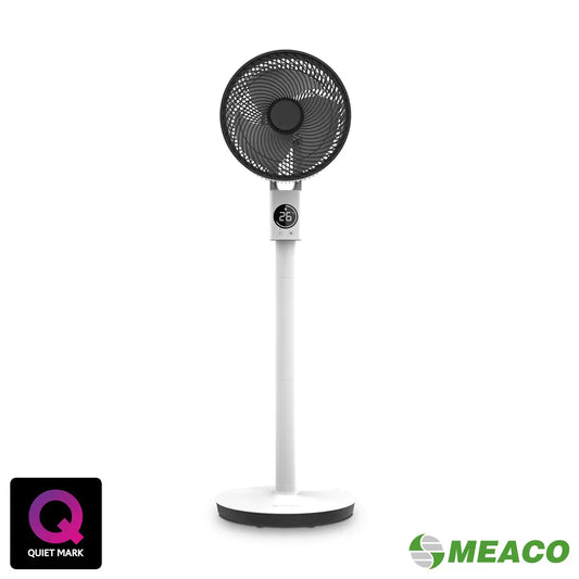 Meaco Sefte 10-inch 3-in-1 pedestal air circulator showing its versatile height adjustment in a modern living room.