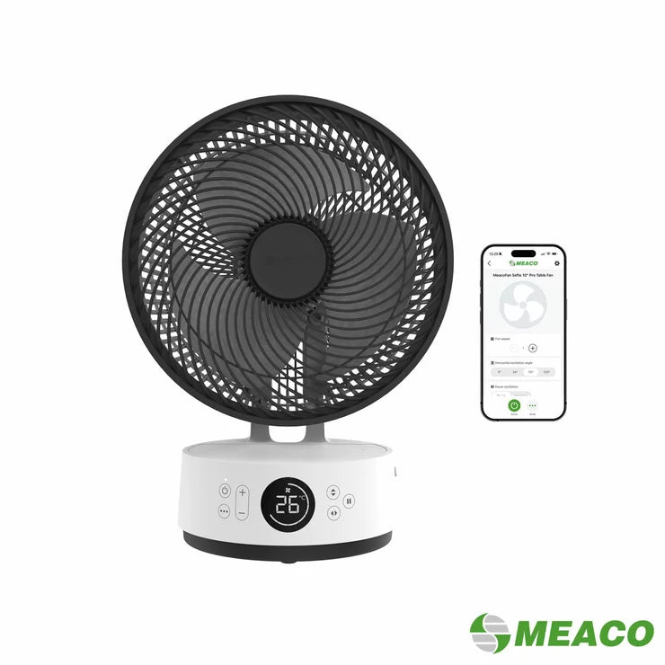 Meaco Sefte Pro 10-inch cordless desktop air circulator in a sleek, modern design sitting on an office desk.