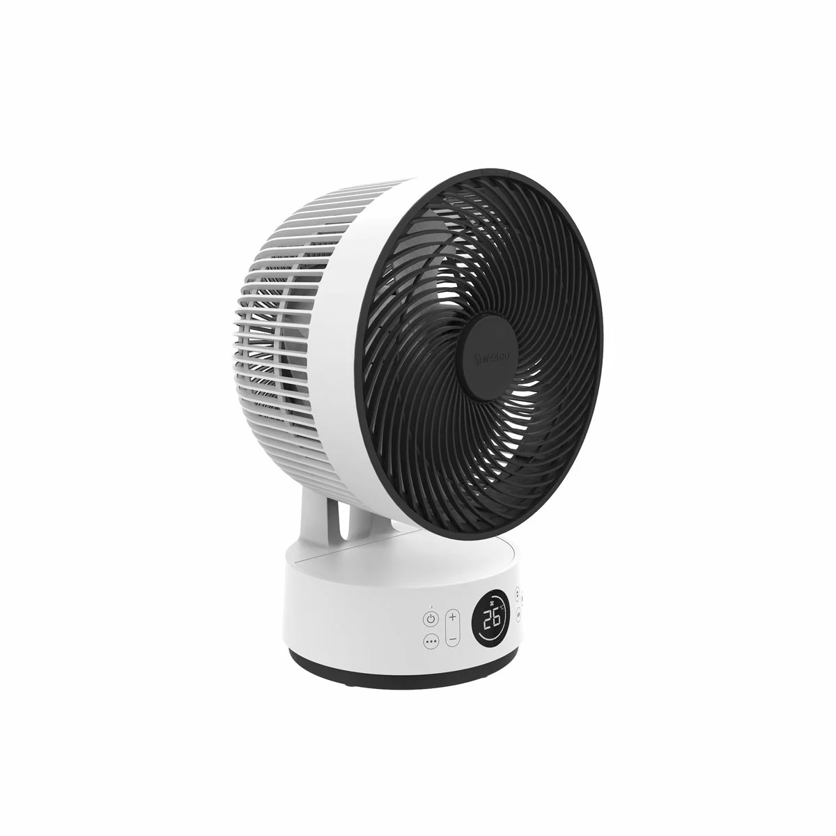 Portable white Meaco Sefte Pro 10 inch cordless desktop air circulator resting on a modern wooden desk with its concealed carry handle and glow-in-the-dark remote control.