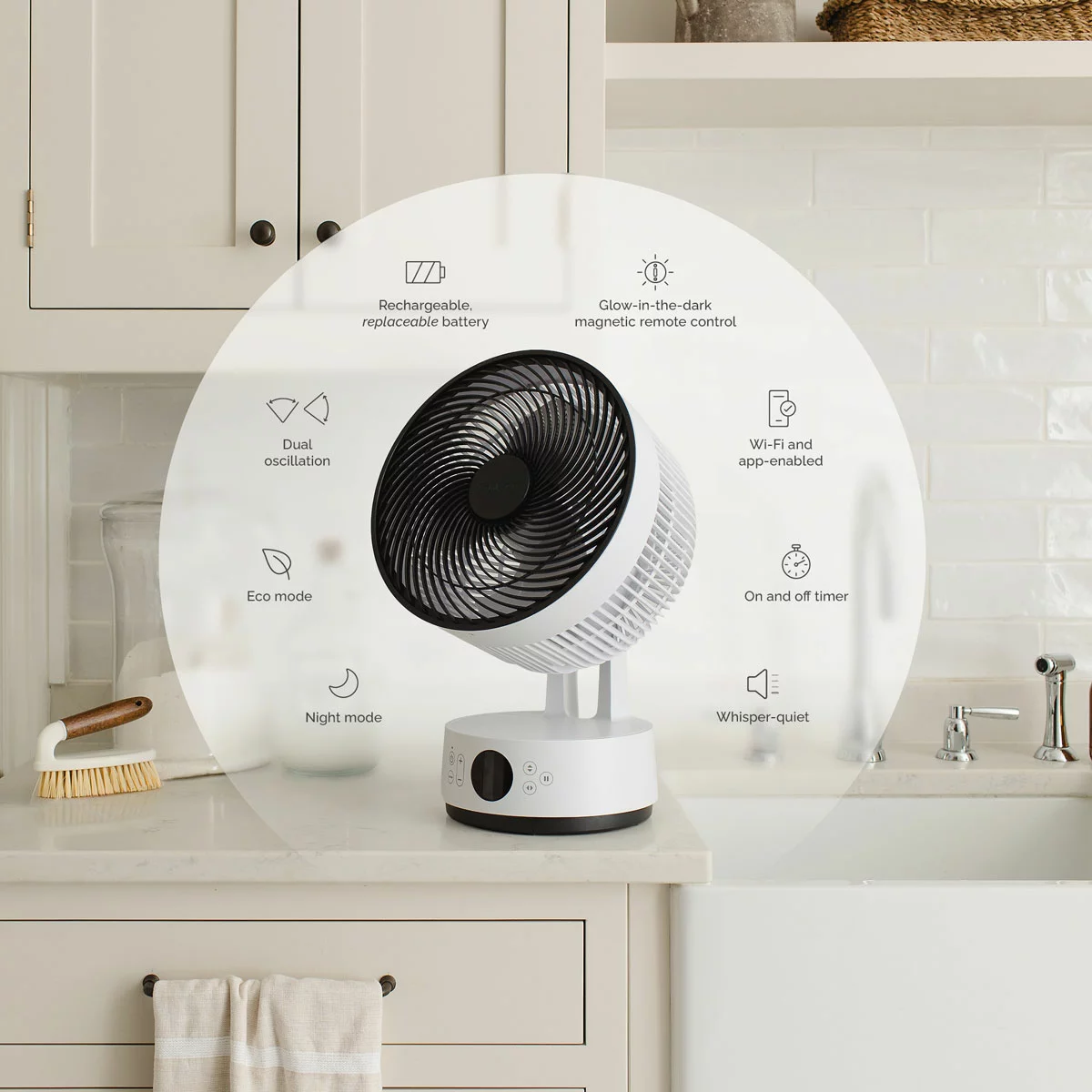 Portable white Meaco Sefte Pro 10 inch cordless desktop air circulator resting on a modern wooden desk with its concealed carry handle and glow-in-the-dark remote control.