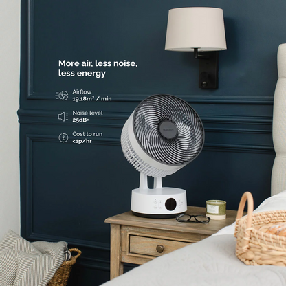 Portable white Meaco Sefte Pro 10 inch cordless desktop air circulator resting on a modern wooden desk with its concealed carry handle and glow-in-the-dark remote control.