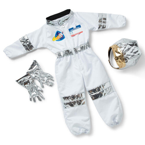 Front view of the white and silver Melissa & Doug kids astronaut costume set including jumpsuit, helmet, gloves, and name badge displayed on a neutral background.