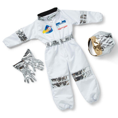 Front view of the white and silver Melissa & Doug kids astronaut costume set including jumpsuit, helmet, gloves, and name badge displayed on a neutral background.