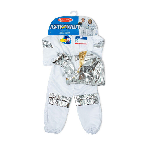 Front view of the white and silver Melissa & Doug kids astronaut costume set including jumpsuit, helmet, gloves, and name badge displayed on a neutral background.