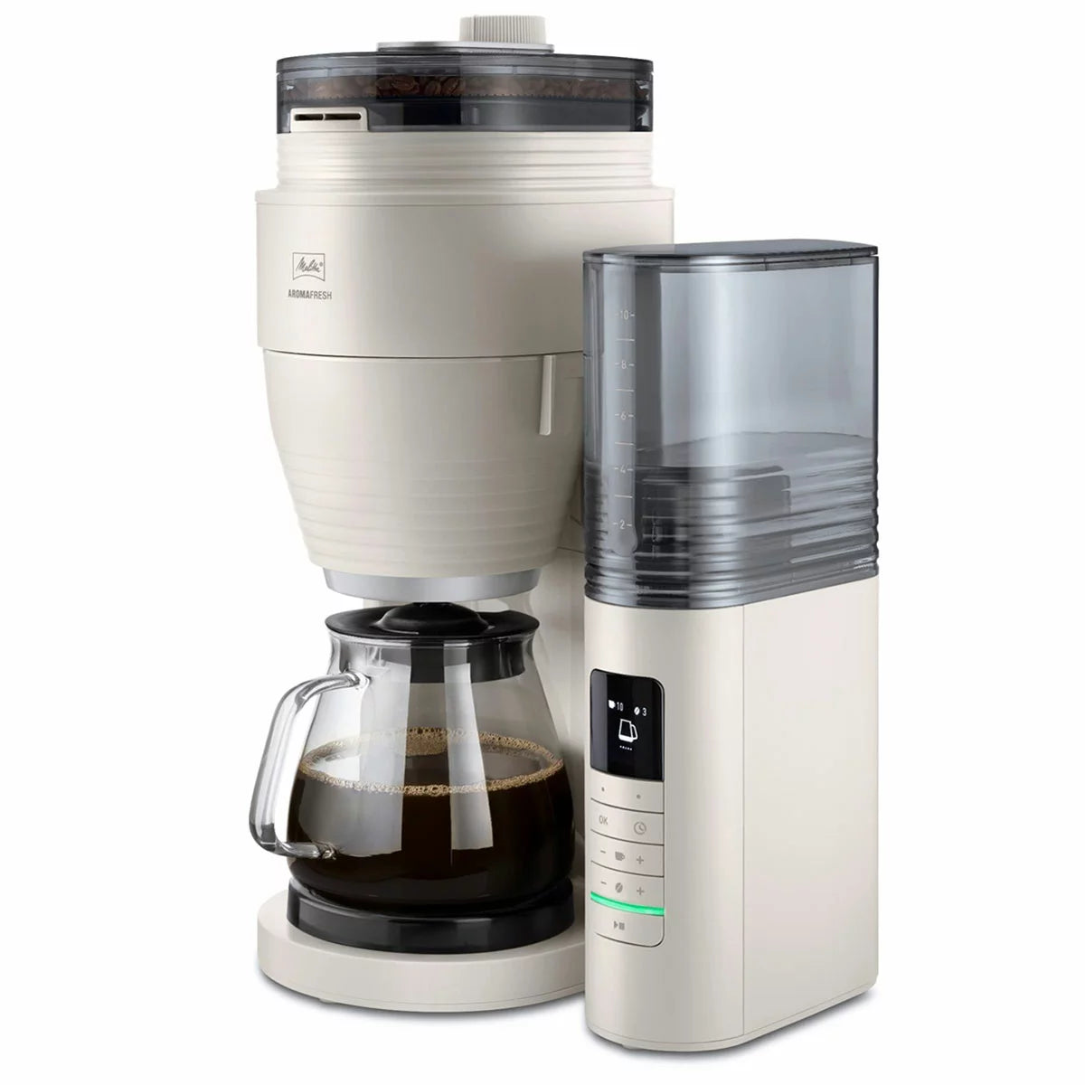 Side profile of the black and stainless steel Melitta AromaFresh Grind & Brew coffee machine with a glass carafe set on a clean kitchen countertop.