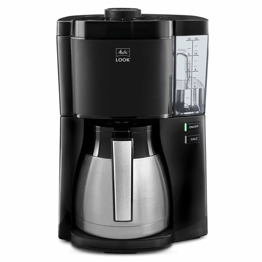 Front angle view of the black Melitta LOOK Therm Filter Coffee Machine with stainless steel insulated carafe set on a kitchen countertop.