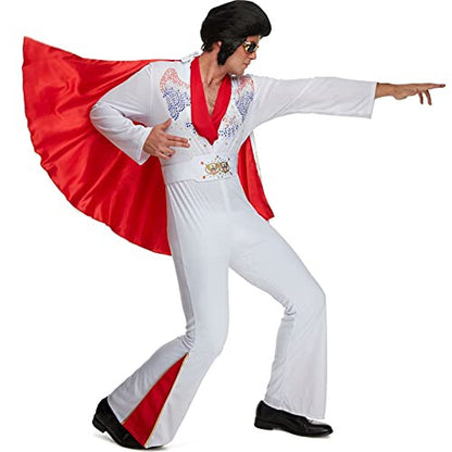 Full-length view of the Morph men's 70s Vegas rock star costume featuring a white printed jumpsuit, gold accent belt, red neck scarf, and a blue lined cape with printed detailing on a plain studio backdrop.