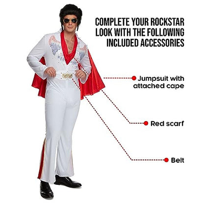 Full-length view of the Morph men's 70s Vegas rock star costume featuring a white printed jumpsuit, gold accent belt, red neck scarf, and a blue lined cape with printed detailing on a plain studio backdrop.