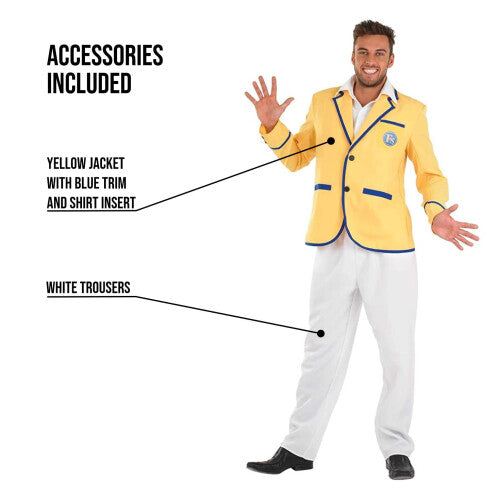 Front view of the Fun Shack men's 80s holiday camp fancy dress costume showing the yellow blazer with blue trim, attached shirt insert, and crisp white trousers on a white studio background.