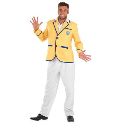Front view of the Fun Shack men's 80s holiday camp fancy dress costume showing the yellow blazer with blue trim, attached shirt insert, and crisp white trousers on a white studio background.
