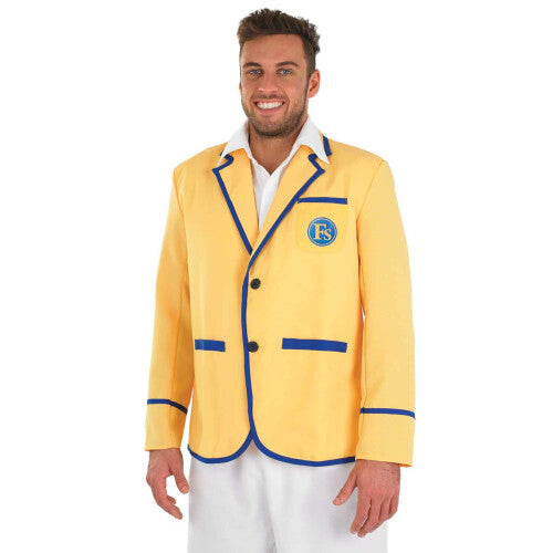 Front view of the Fun Shack men's 80s holiday camp fancy dress costume showing the yellow blazer with blue trim, attached shirt insert, and crisp white trousers on a white studio background.