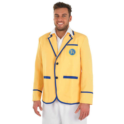 Front view of the Fun Shack men's 80s holiday camp fancy dress costume showing the yellow blazer with blue trim, attached shirt insert, and crisp white trousers on a white studio background.