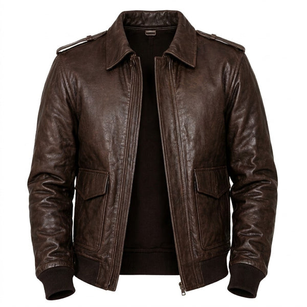 Men's vintage brown leather bomber jacket with ribbed cuffs and brass zipper shown on a wooden hanger against a dark backdrop.