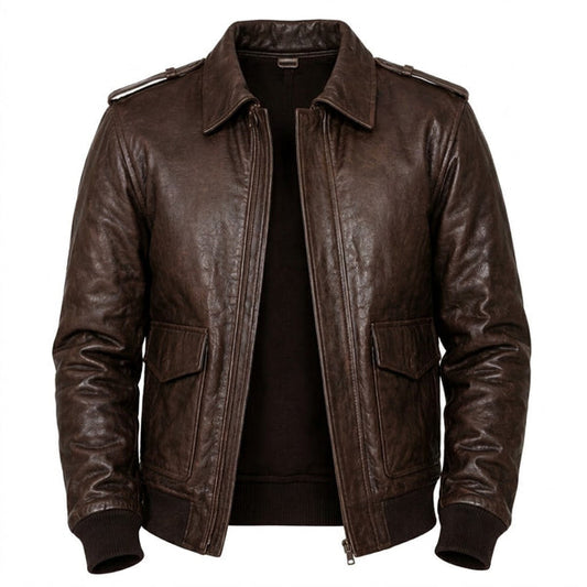 Men's vintage brown leather bomber jacket with ribbed cuffs and brass zipper shown on a wooden hanger against a dark backdrop.