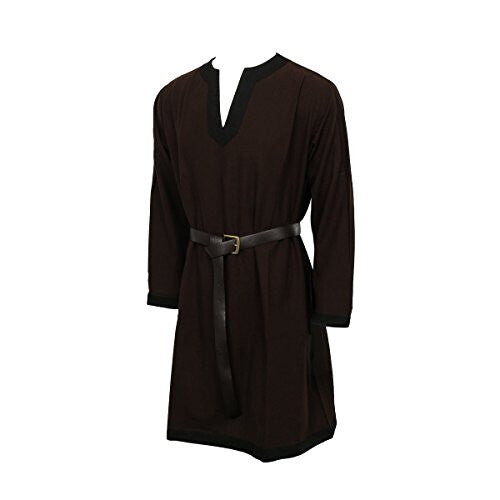 Front view of a men's brown 100% cotton medieval tunic featuring contrasting trim on the collar and cuffs, sized Medium for cosplay and LARP.