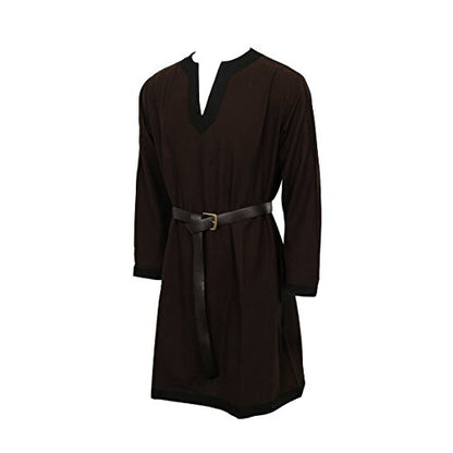 Front view of a men's brown 100% cotton medieval tunic featuring contrasting trim on the collar and cuffs, sized Medium for cosplay and LARP.
