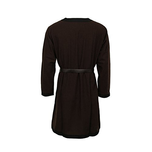 Front view of a men's brown 100% cotton medieval tunic featuring contrasting trim on the collar and cuffs, sized Medium for cosplay and LARP.