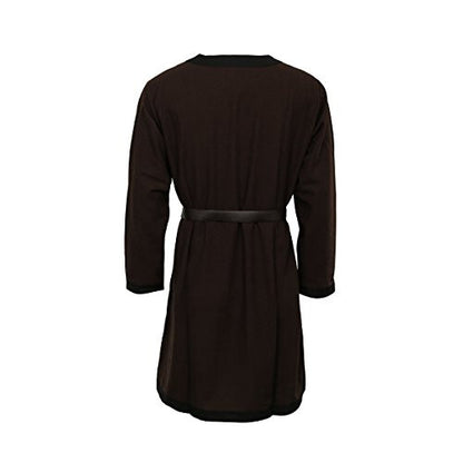 Front view of a men's brown 100% cotton medieval tunic featuring contrasting trim on the collar and cuffs, sized Medium for cosplay and LARP.