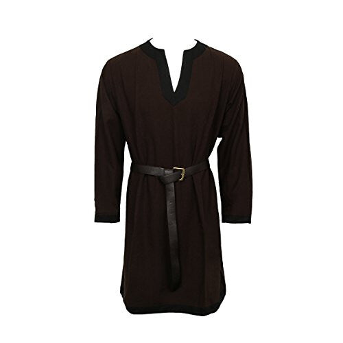 Front view of a men's brown 100% cotton medieval tunic featuring contrasting trim on the collar and cuffs, sized Medium for cosplay and LARP.
