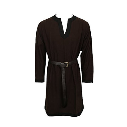 Front view of a men's brown 100% cotton medieval tunic featuring contrasting trim on the collar and cuffs, sized Medium for cosplay and LARP.