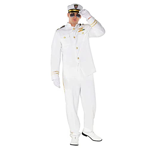 Front view of Morph Men's XL White Captain Uniform Costume featuring gold epaulettes, trim, matching trousers, and peaked naval hat on a plain background.
