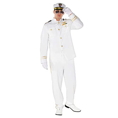 Front view of Morph Men's XL White Captain Uniform Costume featuring gold epaulettes, trim, matching trousers, and peaked naval hat on a plain background.