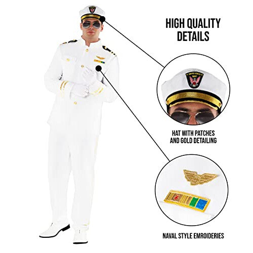 Front view of Morph Men's XL White Captain Uniform Costume featuring gold epaulettes, trim, matching trousers, and peaked naval hat on a plain background.