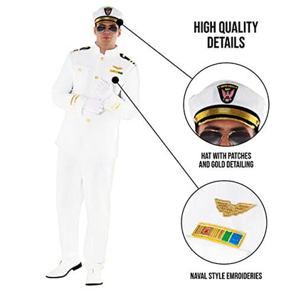 Front view of Morph Men's XL White Captain Uniform Costume featuring gold epaulettes, trim, matching trousers, and peaked naval hat on a plain background.