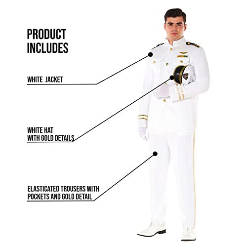 Front view of Morph Men's XL White Captain Uniform Costume featuring gold epaulettes, trim, matching trousers, and peaked naval hat on a plain background.