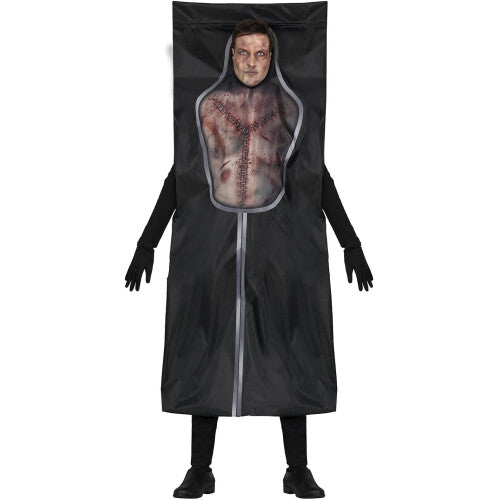Front view of a man wearing a Large Men's Dead Man Body Bag Costume featuring printed crime scene outlines and realistic blood splatters on a black background.