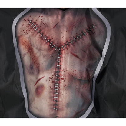 Front view of a man wearing a Large Men's Dead Man Body Bag Costume featuring printed crime scene outlines and realistic blood splatters on a black background.