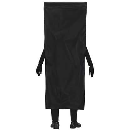Front view of a man wearing a Large Men's Dead Man Body Bag Costume featuring printed crime scene outlines and realistic blood splatters on a black background.