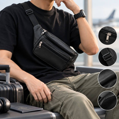 Front angle view of a men's brown premium leather crossbody bag with adjustable shoulder strap resting on a wooden surface.