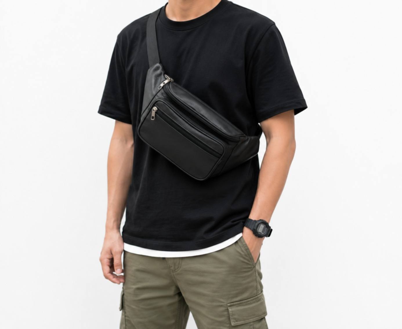Front angle view of a men's brown premium leather crossbody bag with adjustable shoulder strap resting on a wooden surface.