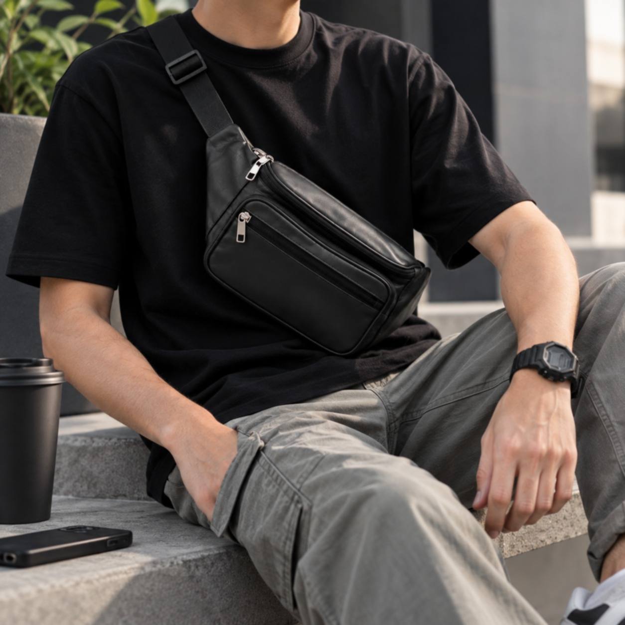 Front angle view of a men's brown premium leather crossbody bag with adjustable shoulder strap resting on a wooden surface.