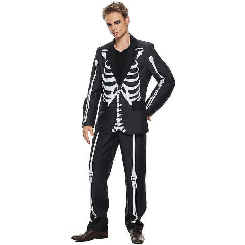 Front view of the Men's Suitmeister two-piece suit displaying high-contrast white skeleton bones printed over a black jacket and trousers.