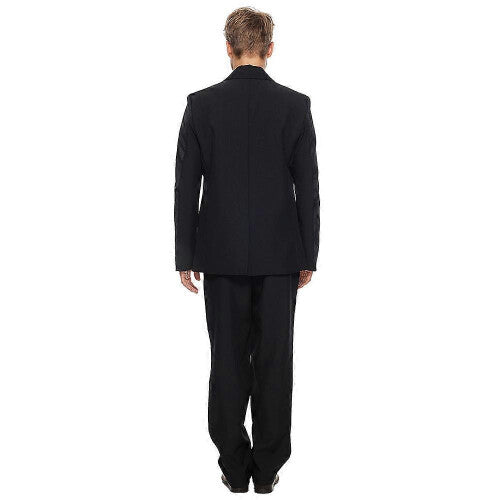 Front view of the Men's Suitmeister two-piece suit displaying high-contrast white skeleton bones printed over a black jacket and trousers.