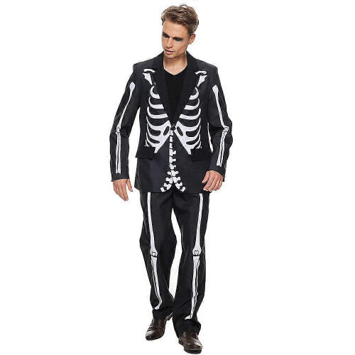 Front view of the Men's Suitmeister two-piece suit displaying high-contrast white skeleton bones printed over a black jacket and trousers.