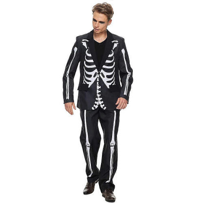 Front view of the Men's Suitmeister two-piece suit displaying high-contrast white skeleton bones printed over a black jacket and trousers.